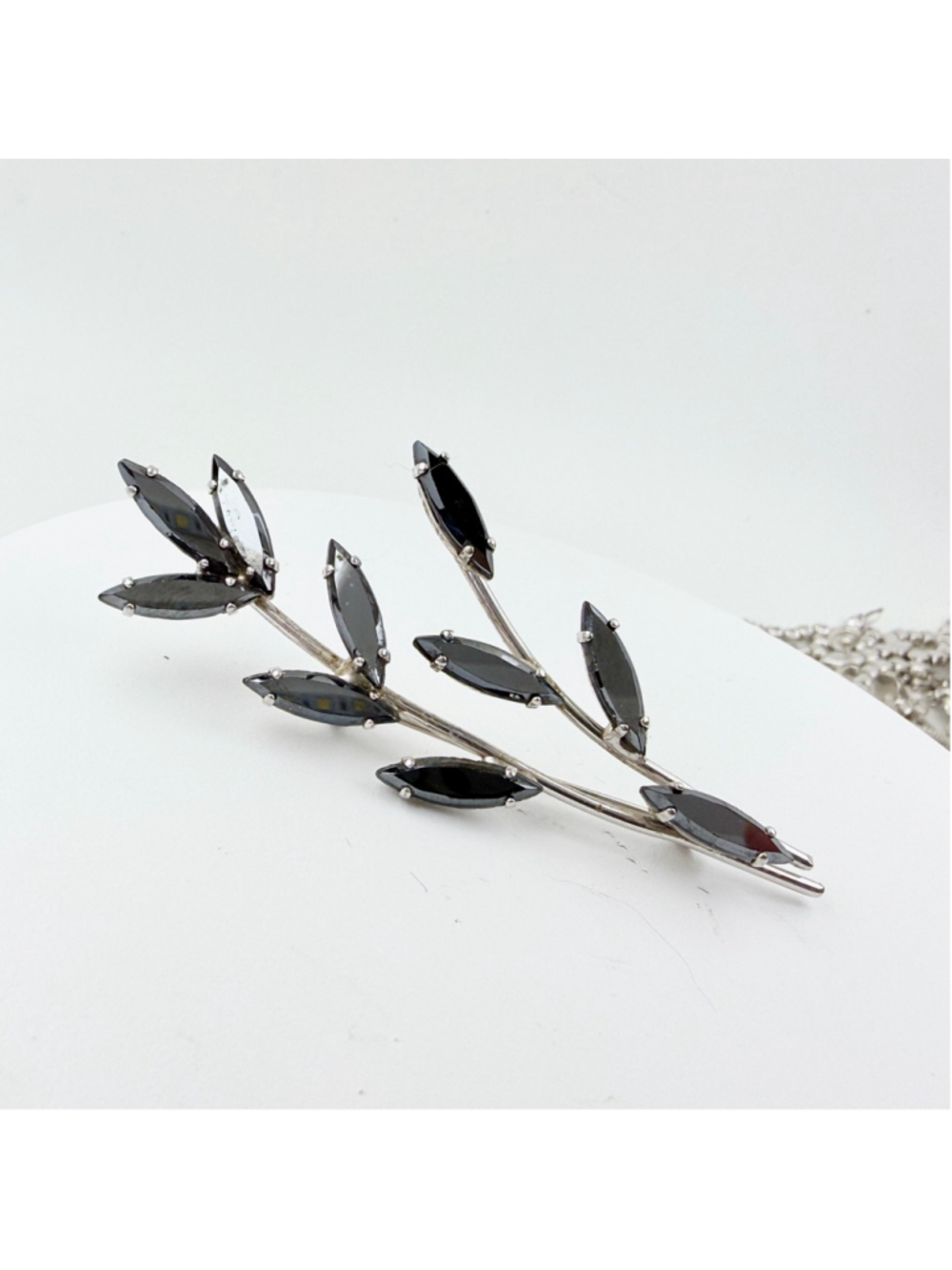 Large 1960s Floral Leaf Spray Brooch, Black Navette Rhinestone Pin, Silver Tone - Picture 6 of 7